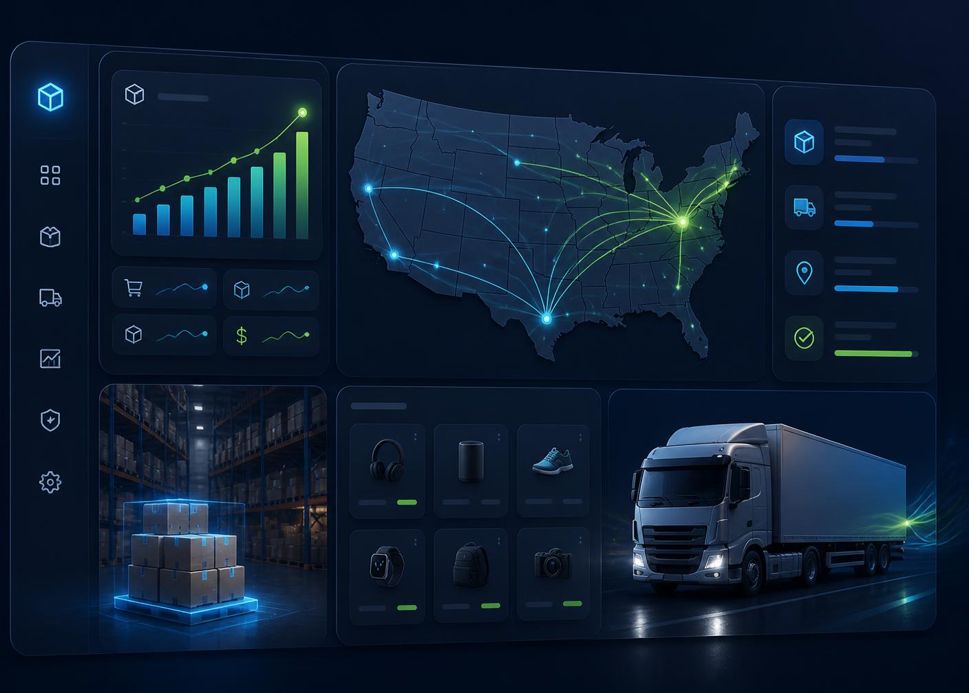 David Vargas Ferreira warehouse dashboard showing US shipping routes, live order analytics, and same-day fulfillment