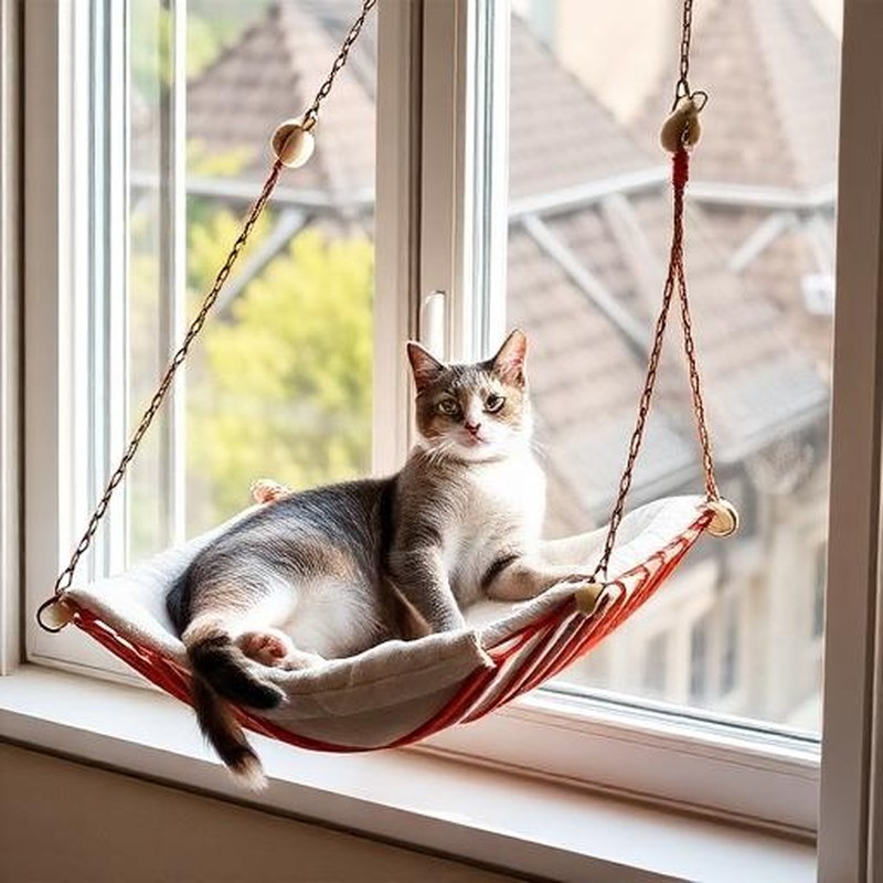 Hanging Window Perch Sun-Lounge Hammock for Cats - In use